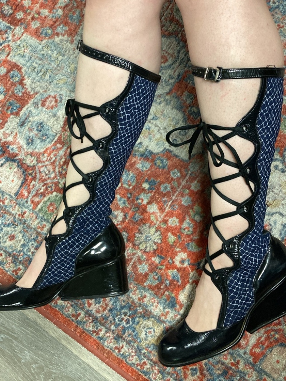 RARE, Vintage 1970s Cutout Corset Lace-Up Go-Go Wedge Boots, Size 9B